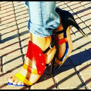 L.A.M.B. Gareth Cutout Leather Sandal Red Orange Blue Yellow Black Womens sz 8